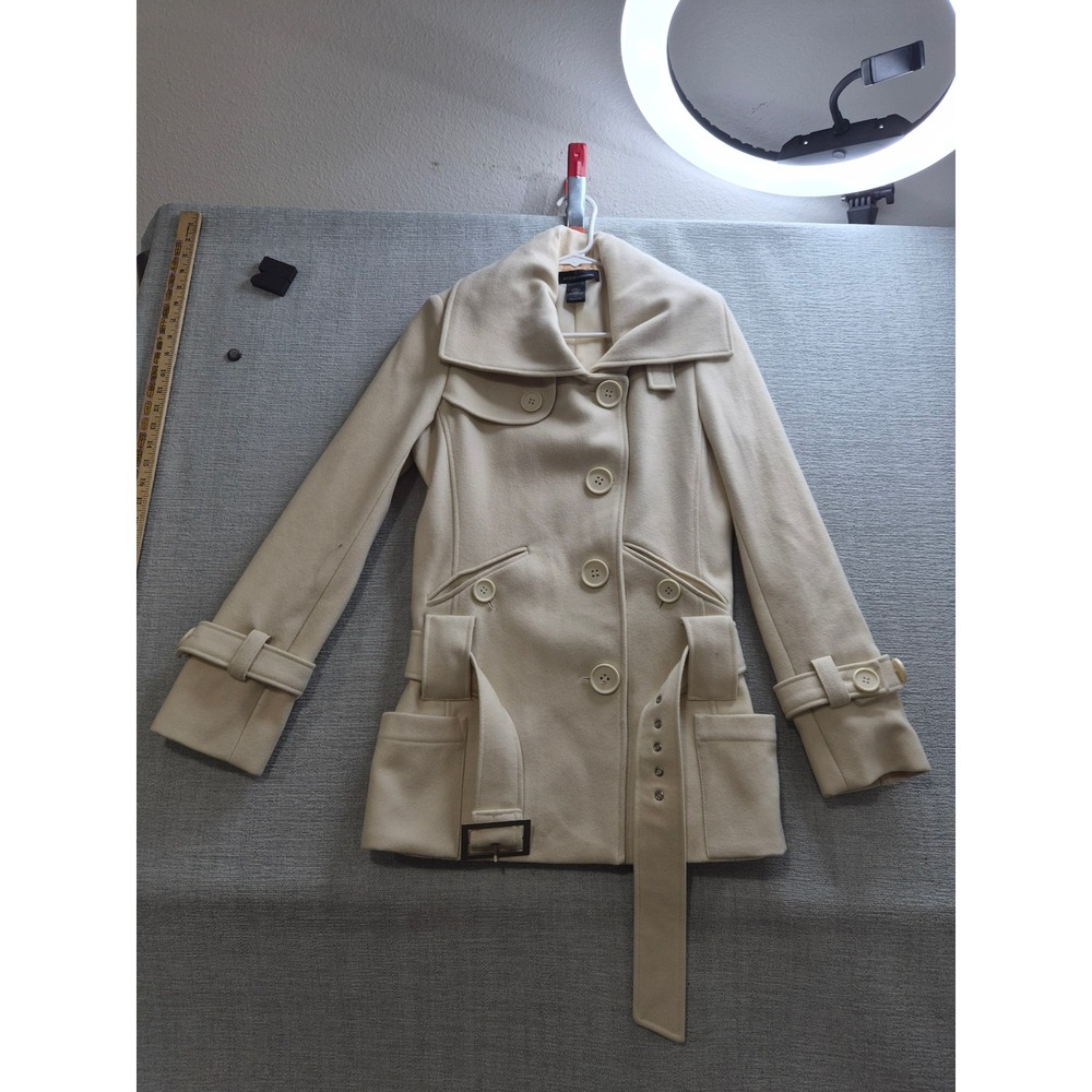 Moda International Belted Pea Coat Women Small Beige Wool Double Breasted Winter